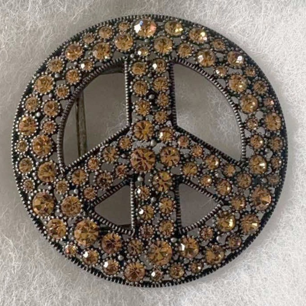 Vintage Style Peace Sign Belt Buckle Amber Rhinestone Crystal Silver Tone 3"